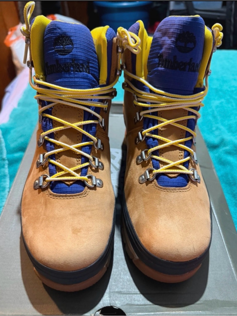 Timberland Wheat Nubuck Boots with Blue Tongue and Yellow Accents